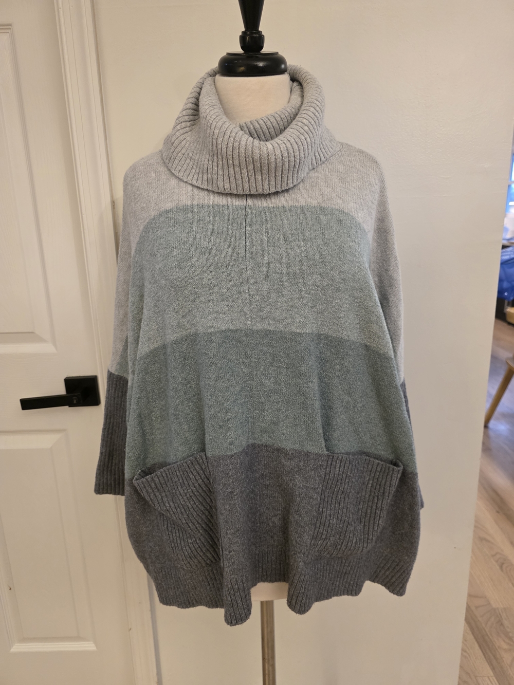 LOFT Gray and Green Striped Turtleneck Poncho Sweater